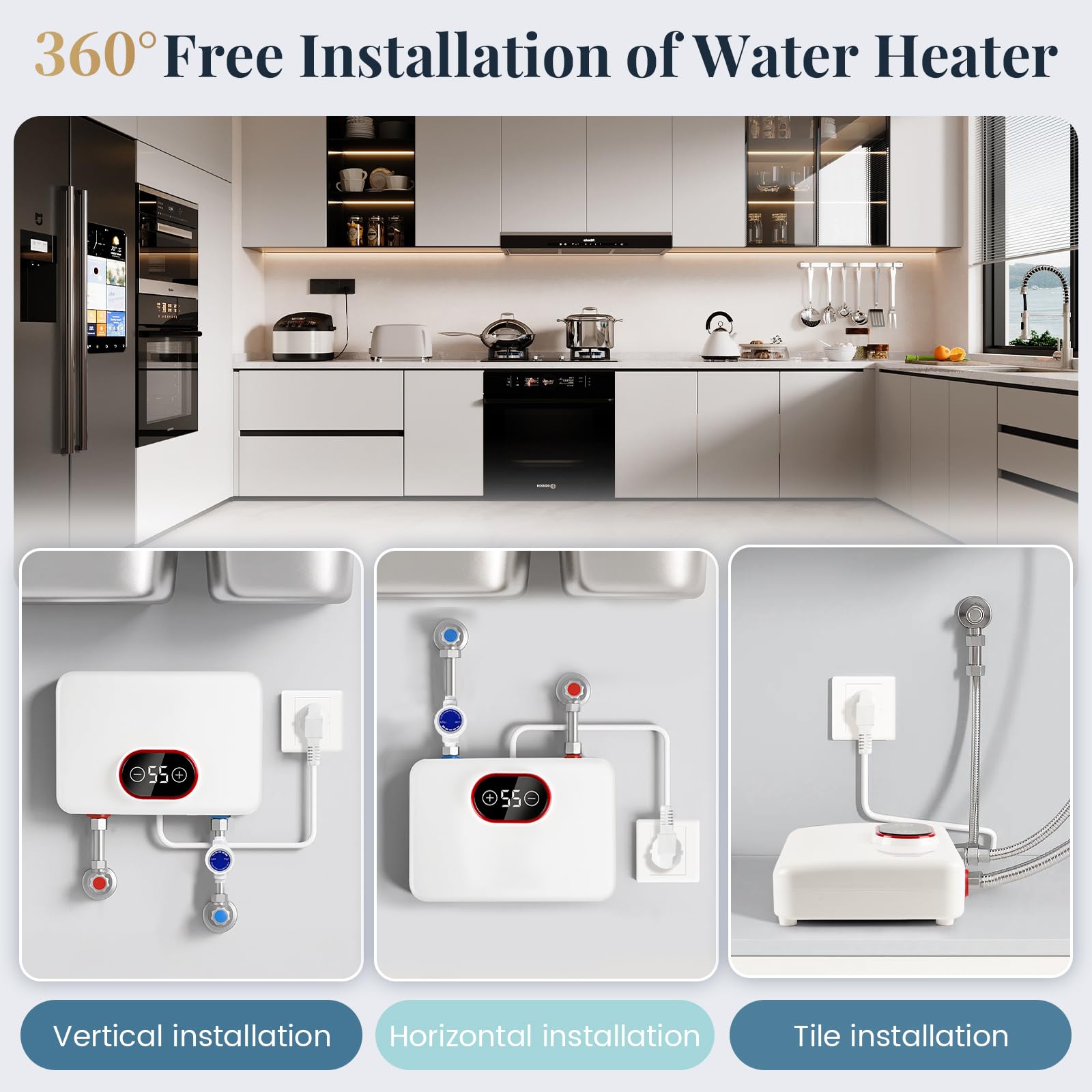 Mini Durchlauferhitzer 5500W 30-55°C mit Steuerventil,IPX4 Wasserschutz | LED Anzeige, Untertischboiler, Steckerfertig, Kalkarm, Garten Gäste WC, Händewaschen Geschirrspülen, Leise Energiesparend