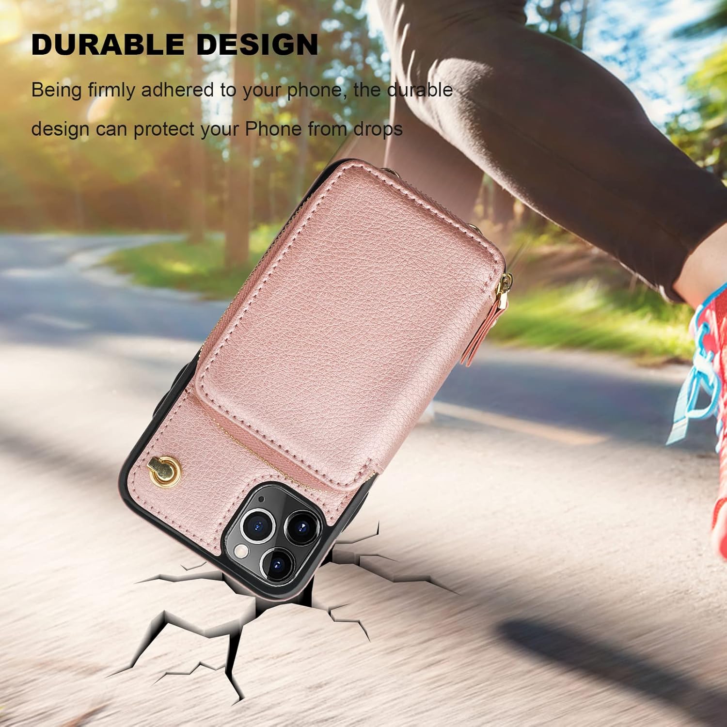 Bocasal Crossbody Wallet Case for iPhone 11 Pro Max, RFID Blocking Leather Purse Case with Card Holder, Protective Handbag Flip Cover with Zipper Wrist Strap Lanyard for Women 6.5 Inch (Rose Gold)
