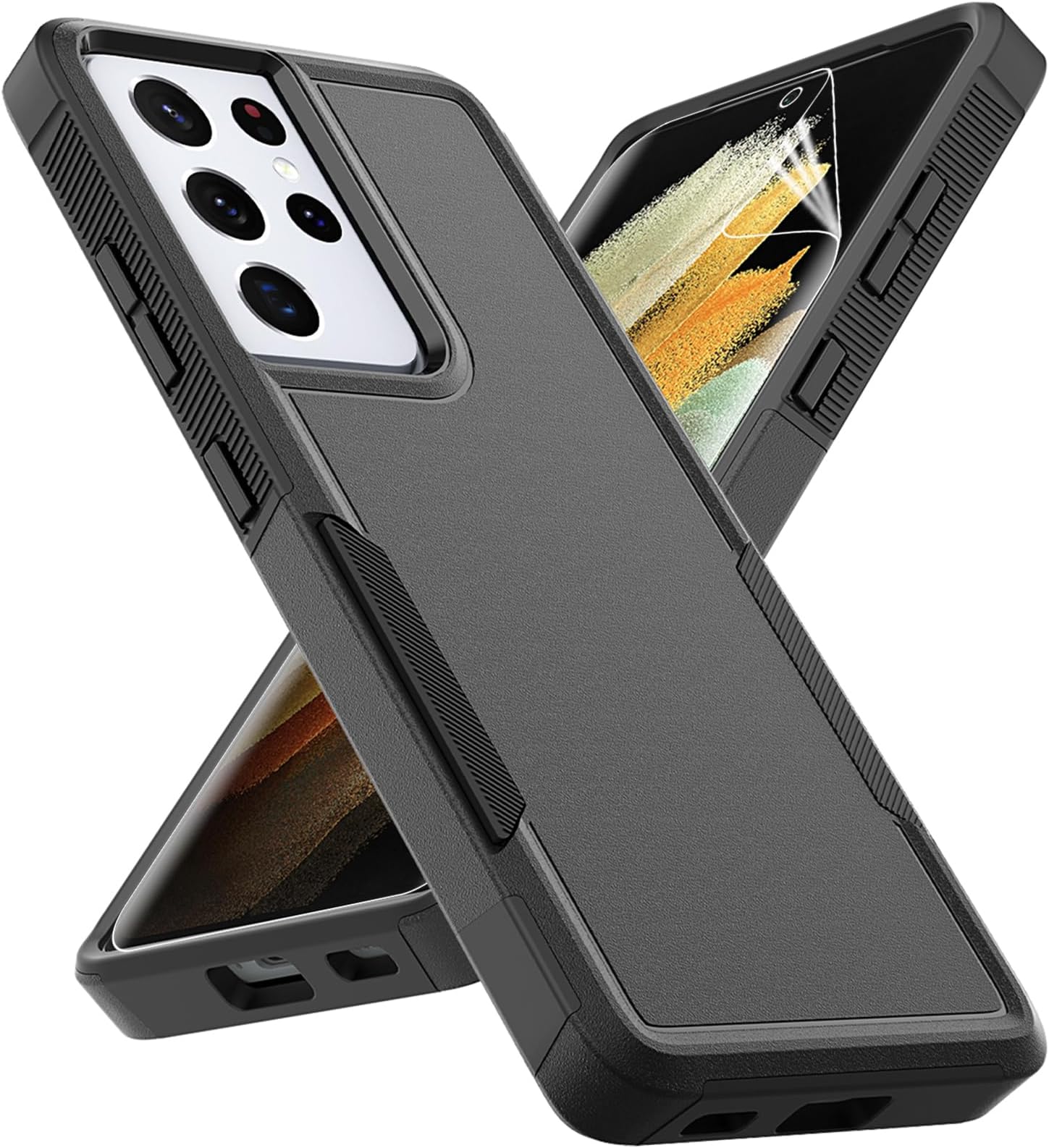 for Samsung Galaxy S21 Ultra Case: Dual Layer Protective Heavy Duty Cell Phone Cover Shockproof Rugged with Screen Protector - Military Protection Bumper Tough - Samsung Galaxy S21 Ultra 5G, Black