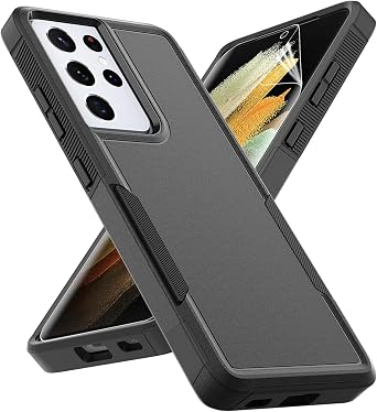 for Samsung Galaxy S21 Ultra Case Dual Layer Protective Heavy Duty Cell Phone Cover Shockproof Rugged with Screen Protector - Military Protection Bumper Tough - Samsung Galaxy S21 Ultra 5G, Black