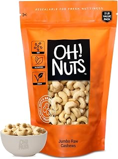 Oh! Nuts Raw Whole Unsalted Cashews - Raw - 100% Natural - 2 lb - Jumbo Cashews - Packed in New York Zip-Seal Bag for Exceptional Freshness