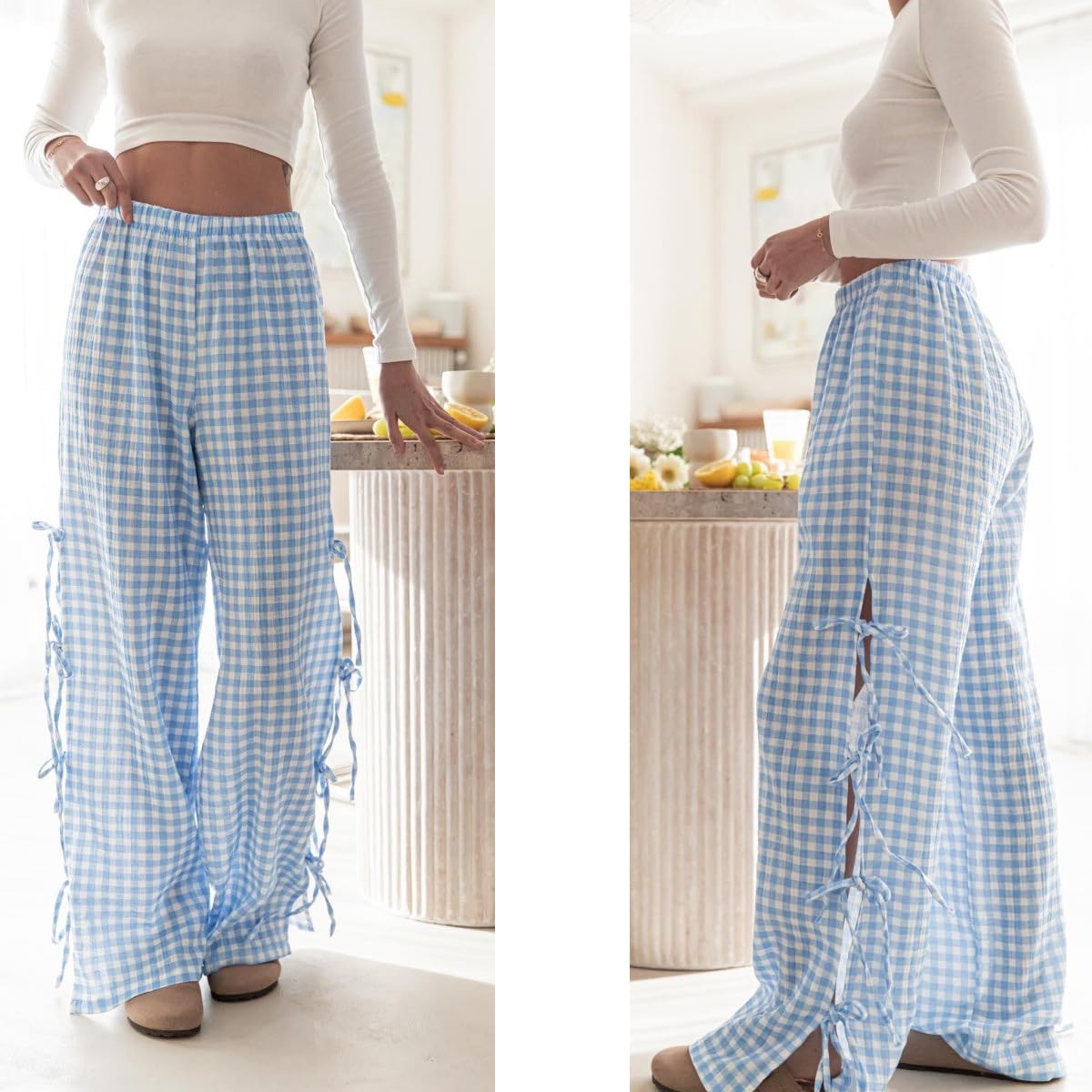 2 pantaloni da donna a quadri a quadretti Y2K con papillon, pantaloni da salotto a gamba larga con spacco laterale, palazzo sciolto a vita alta