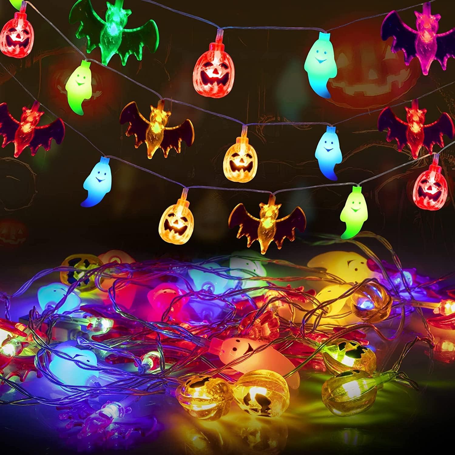 Laspi Luci Di Halloween LED A Batteria - 3 Strisce Da 3m, Motivi Fantasma, Pipistrello E Zucca, Per Decorazioni Interne Ed Esterne