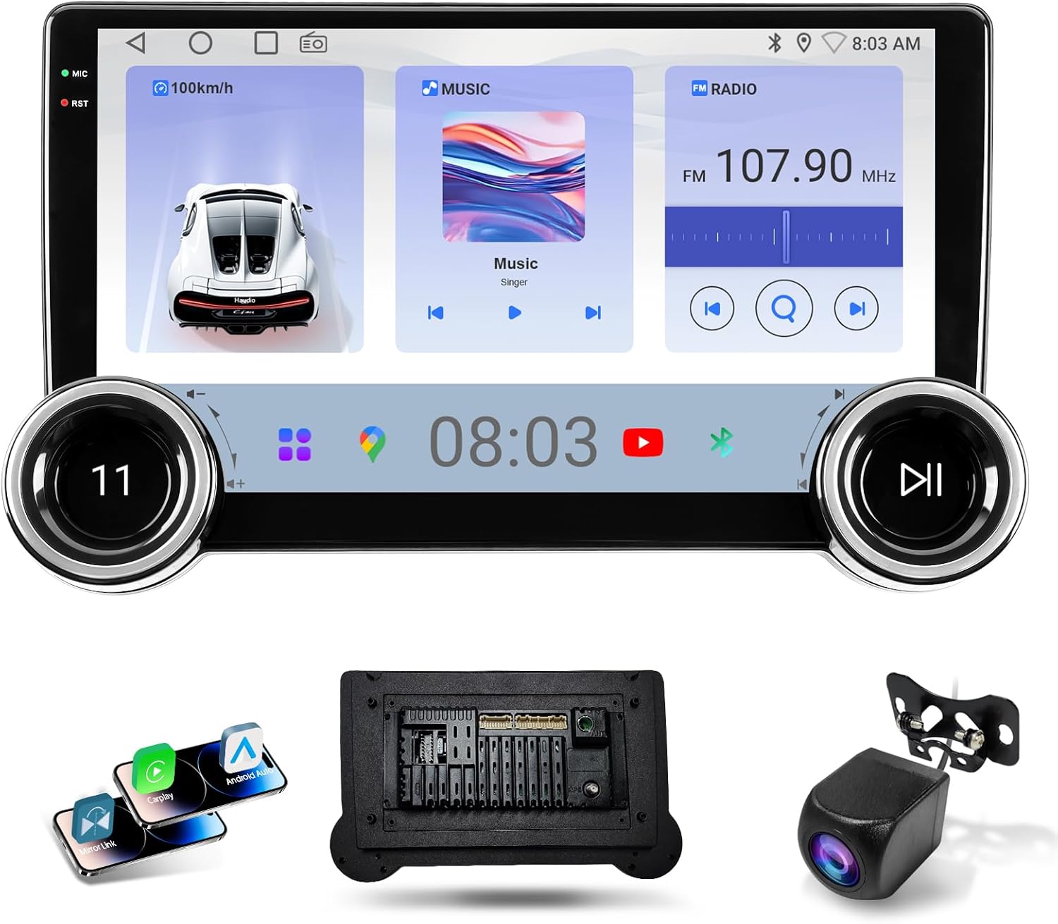 2 DIN Car Radio with CarPlay and Android Auto, 10.1 Inch Touch Screen, Car Radio with Bluetooth, Mirror Link, GPS Navigation, Voice Control, Backup Camera with Button (2+64G)