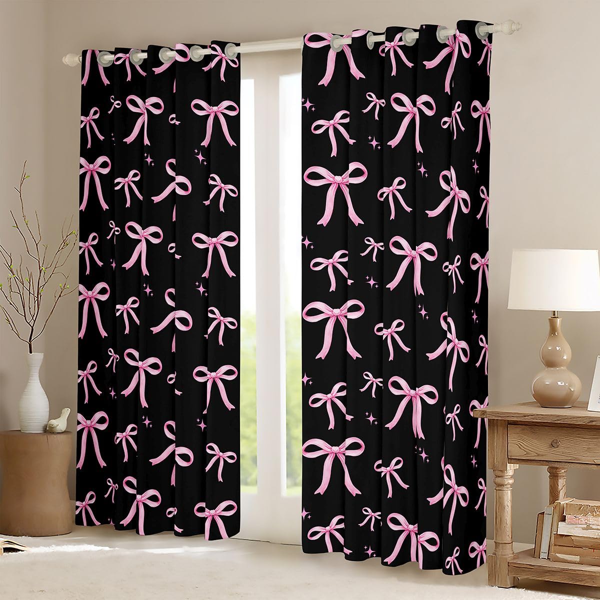 Homwish - Tende per finestre con fiocco rosa e nero, 168 x 228 cm, 2 pannelli, per graziose tende oscuranti con fiocco da ragazza, tende oscuranti per finestre a tema coquette sognante con stelle dei