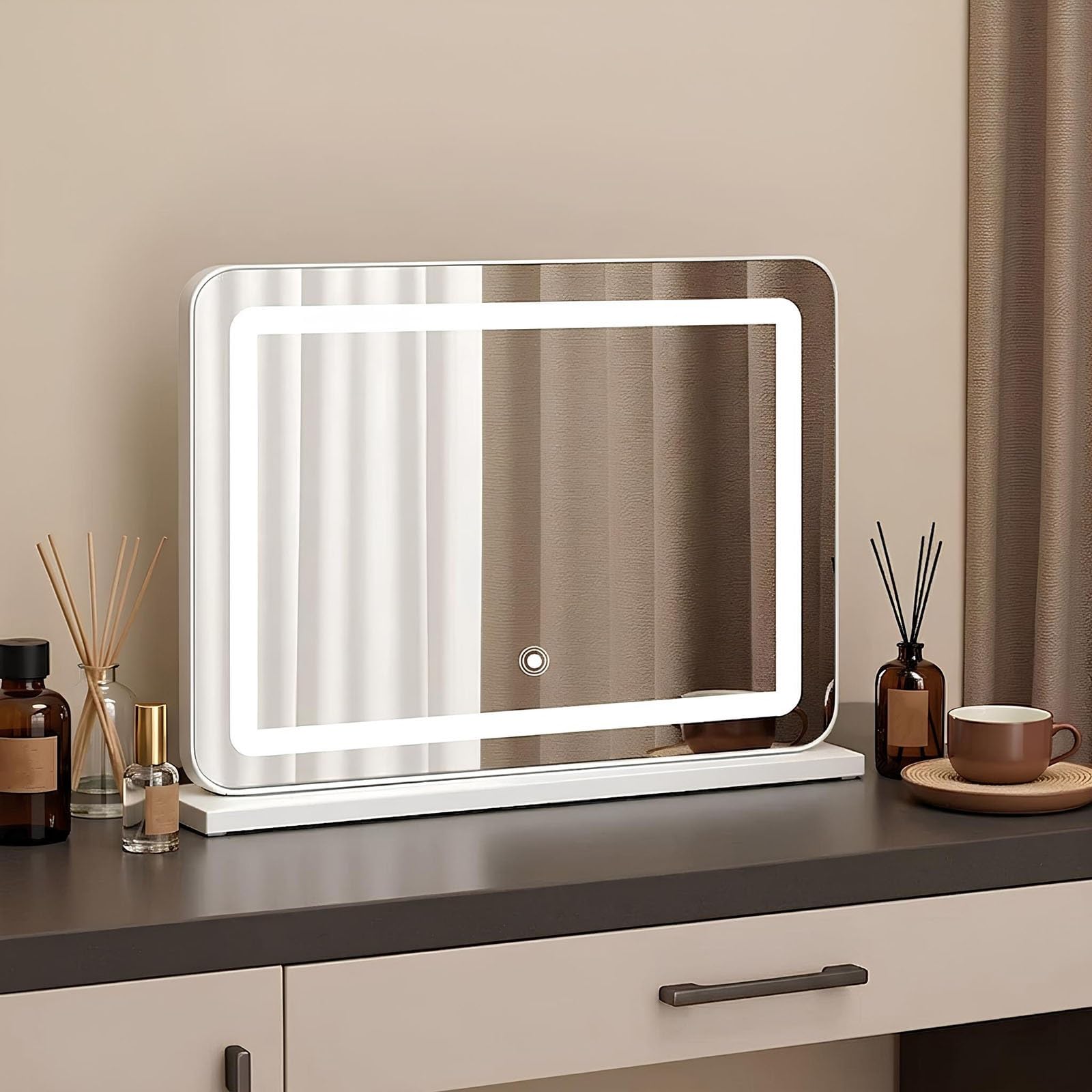 Specchio da Trucco LED con Controllo Touch, 3 Modalità di Luce & Luminosità Regolabile, Specchio HD per Toeletta, Specchio da Tavolo(Bianco)