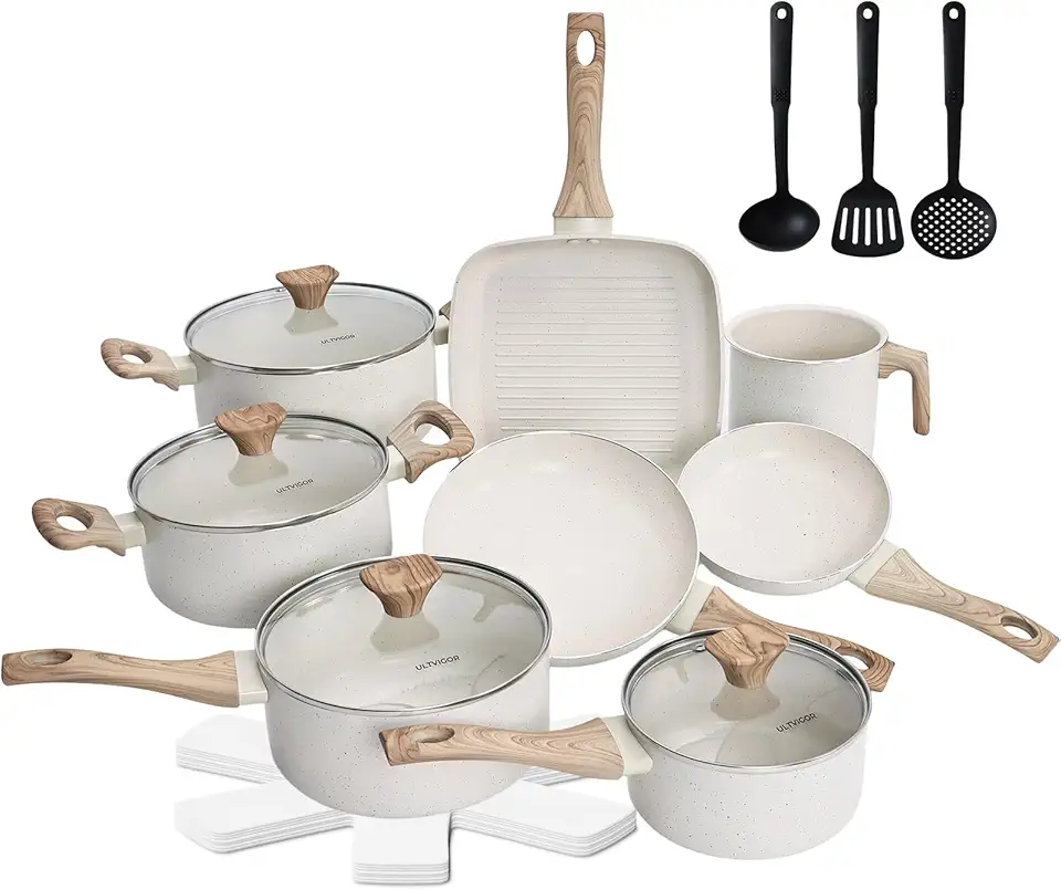 Jogo de Panelas Cerâmica Antiaderente 19 Peças Fundo Triplo Panelas Indução Alumínio Reforçado Tampa Vidro Temperado Fácil Limpeza