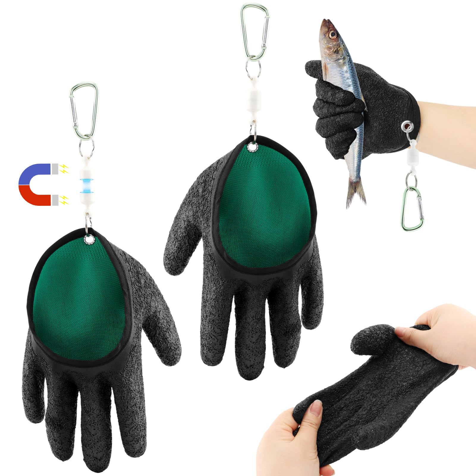 Kisbeibi Professional 2Pcs Fishing Gloves with Magnet Release, Fisherman Catch Fish Gloves Quick Drying, Puncture Proof, Anti-Slip Fishing Glove for Handling, Catching, Cleaning(Green) — image 1