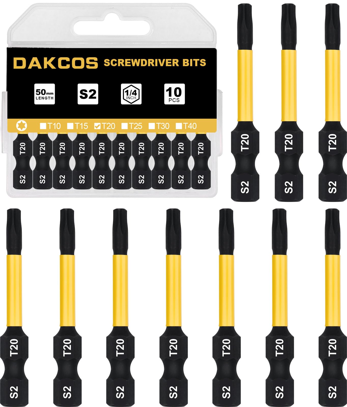 DAKCOS T20 Bit largo, Torx Bit T20, surtido de puntas de S2, punta de atornillado 1/4 vástago hexagonal (longitud 50 mm, 10 piezas)