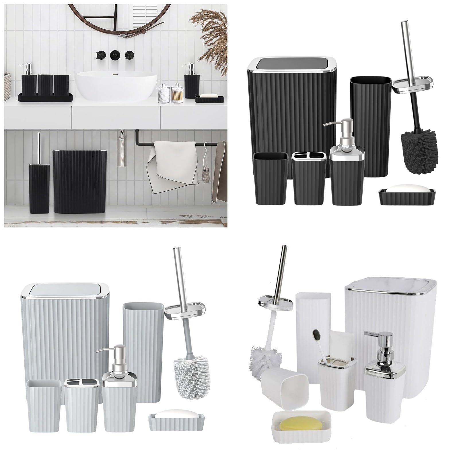 Juego completo de 6 piezas esenciales para el baño con soporte para cepillo de dientes, dispensador de jabón líquido de manos, bote de basura, dispensador de jabón reutilizable y juego de vasos para