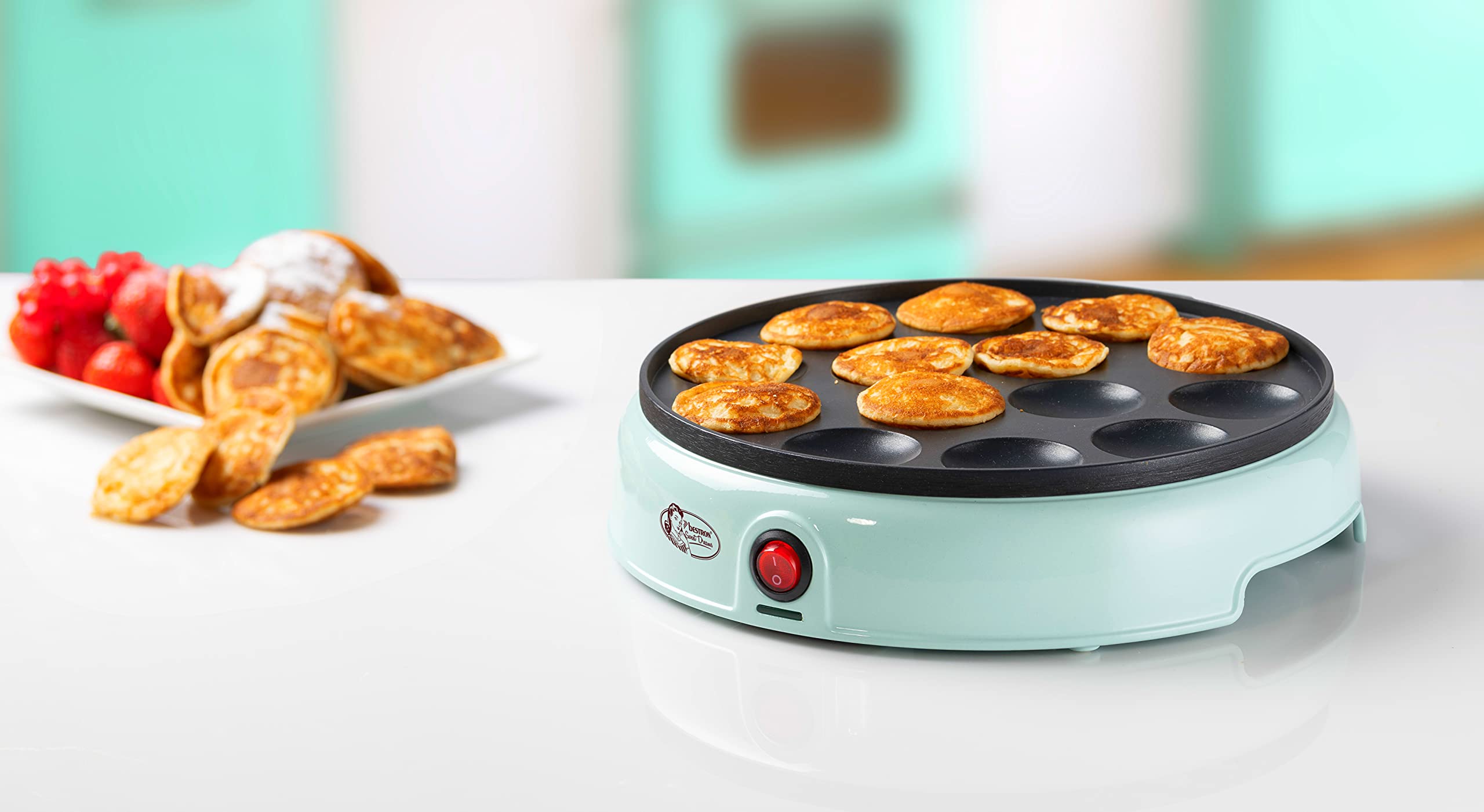 Bestron macchina per poffertjes dal design retrò, mini crepes, specialità olandese, macchina per pancake con rivestimento antiaderente e spia luminosa, collezione Sweet Dreams, colore: verde