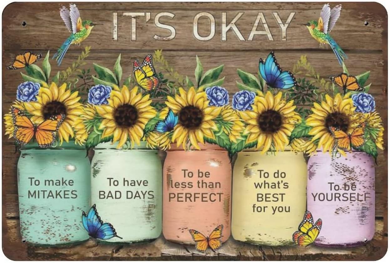 Retro Style Tin Sign 8x12 inches,Sunflower It's Okay to Make Mistake Tin Sign, Sunflower Butterflies,Home Decor Wall Art,Funny Signs for Home/Kitchen/Garage/Man Cave