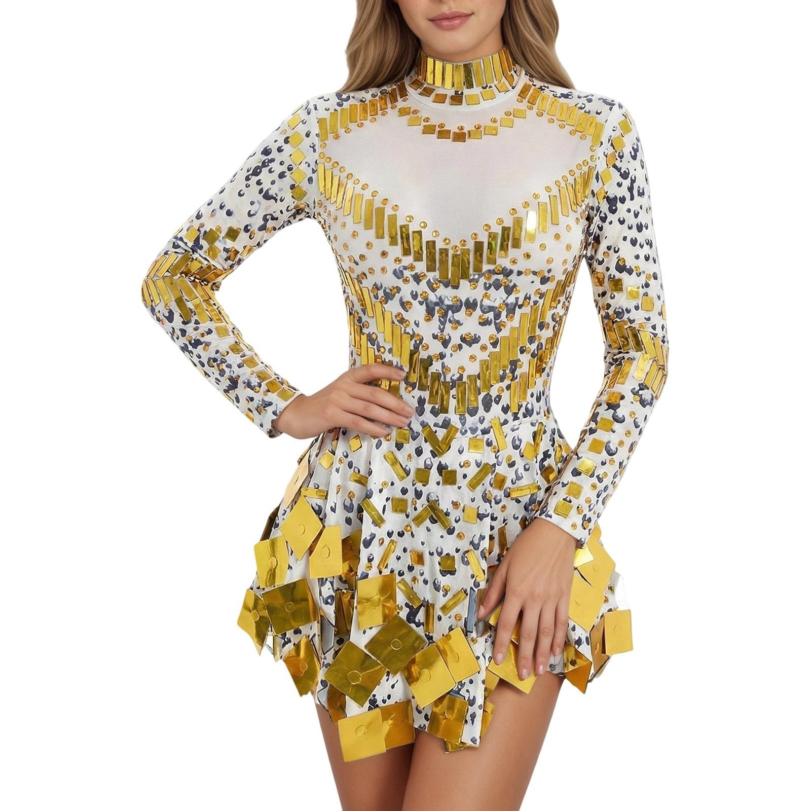 Women's Sequins Short Dress Sparkly Ballroom Dance Costume Mirror Dance Dress Sexy Stage Wear Glitter Evening Dress Long Sleeve Turtleneck Mini Dress Bodycon Party Dress for Carnival Club, yellow, M