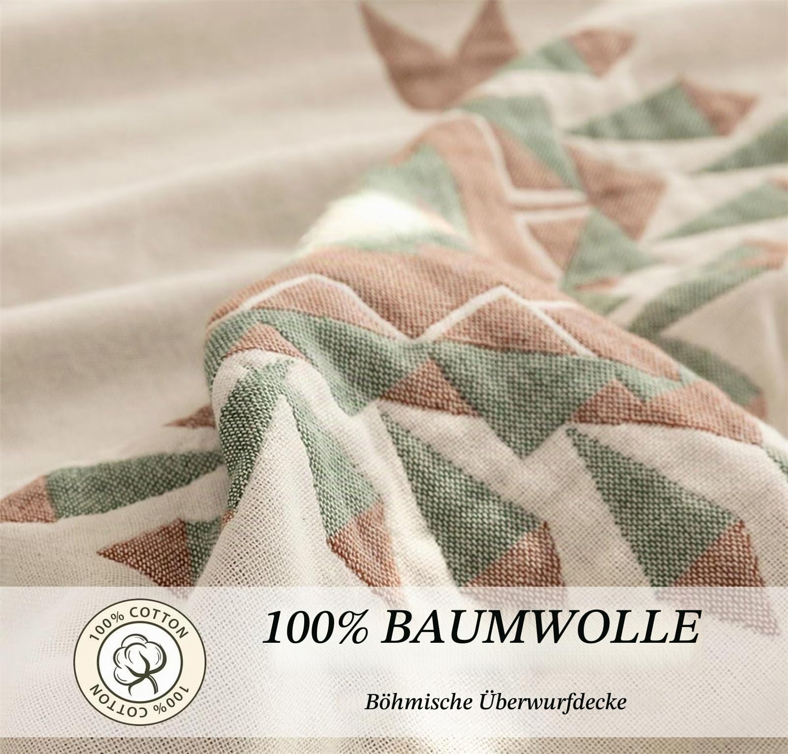 Boho Tagesdecke Doppelseitig Decken 100% Baumwolle Gewebte Decke 200x230cm, Musselin Überwurf Beige Kuschelig Weiche Bettüberwurf TV-Couchdecke Sesseldecke Wendedecke Baumwolldecke Kuscheldecke