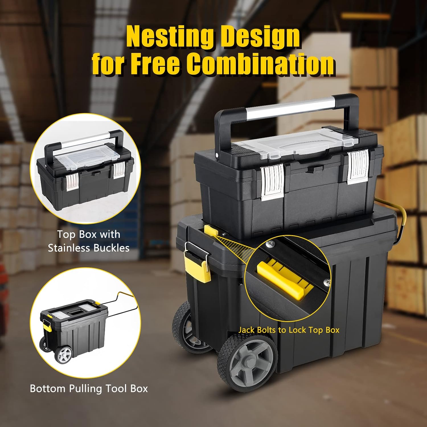 Goplus 2-in-1 Tool Box Portable Rolling Toolbox Storage Solution Multi-Purpose Plastic Organizer Set Mobile Workshop with Wheels