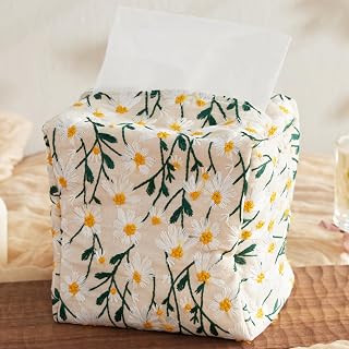 Hausfrau Square Tissue Box Cover Decorative 5.12"x5.12"x5.12", White Daisy | Cute Unique Linen Heavy Duty Embroidery Tissue Holder Case for Bathroom Vanity Countertop Desk Office Car