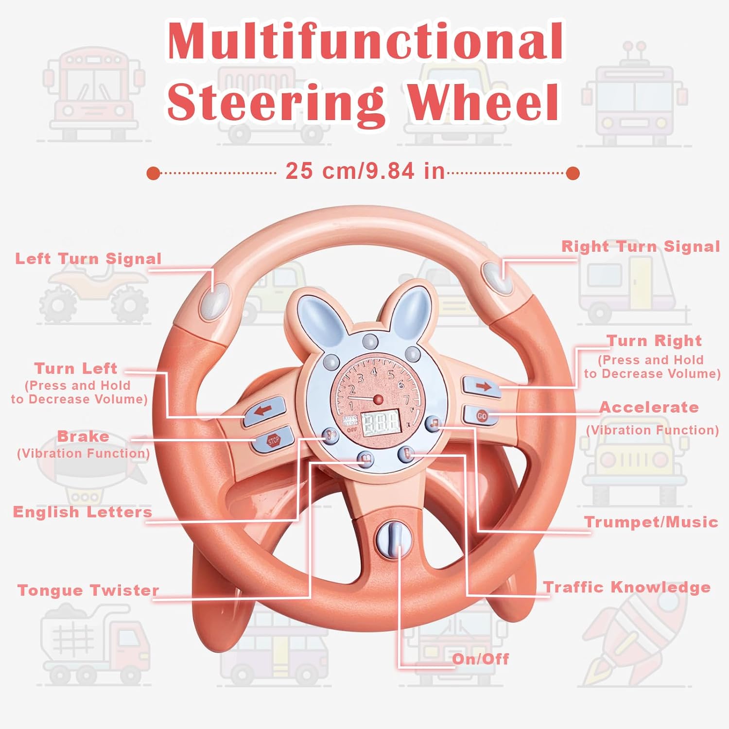 Kids Steering Wheel Toy with Vibration, Driving Simulated Steering Wheel Toy for Backseat, Educational Learning Sensory Toy,Simulated Car Toys with Light Songs for Infant Preschool Kids Toddler Gifts