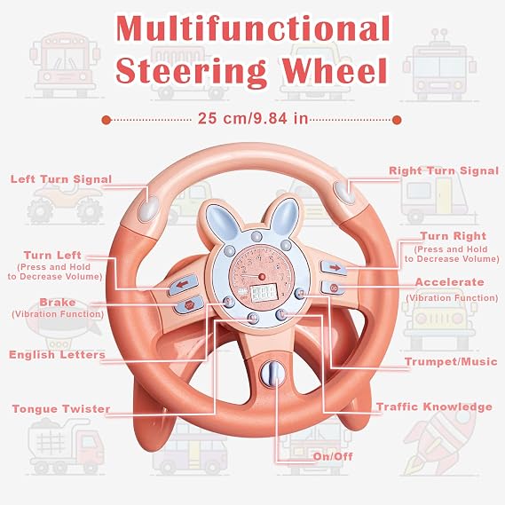 Kids Steering Wheel Toy with Vibration, Driving Simulated Steering Wheel Toy for Backseat, Educational Learning Sensory Toy,Simulated Car Toys with Light Songs for Infant Preschool Kids Toddler Gifts