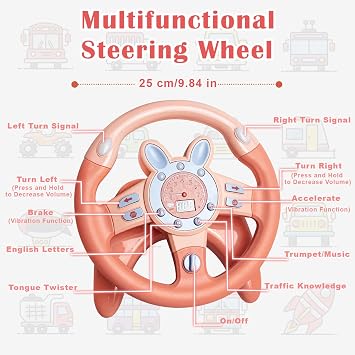 Kids Steering Wheel Toy with Vibration, Driving Simulated Steering Wheel Toy for Backseat, Educational Learning Sensory Toy,Simulated Car Toys with Light Songs for Infant Preschool Kids Toddler Gifts