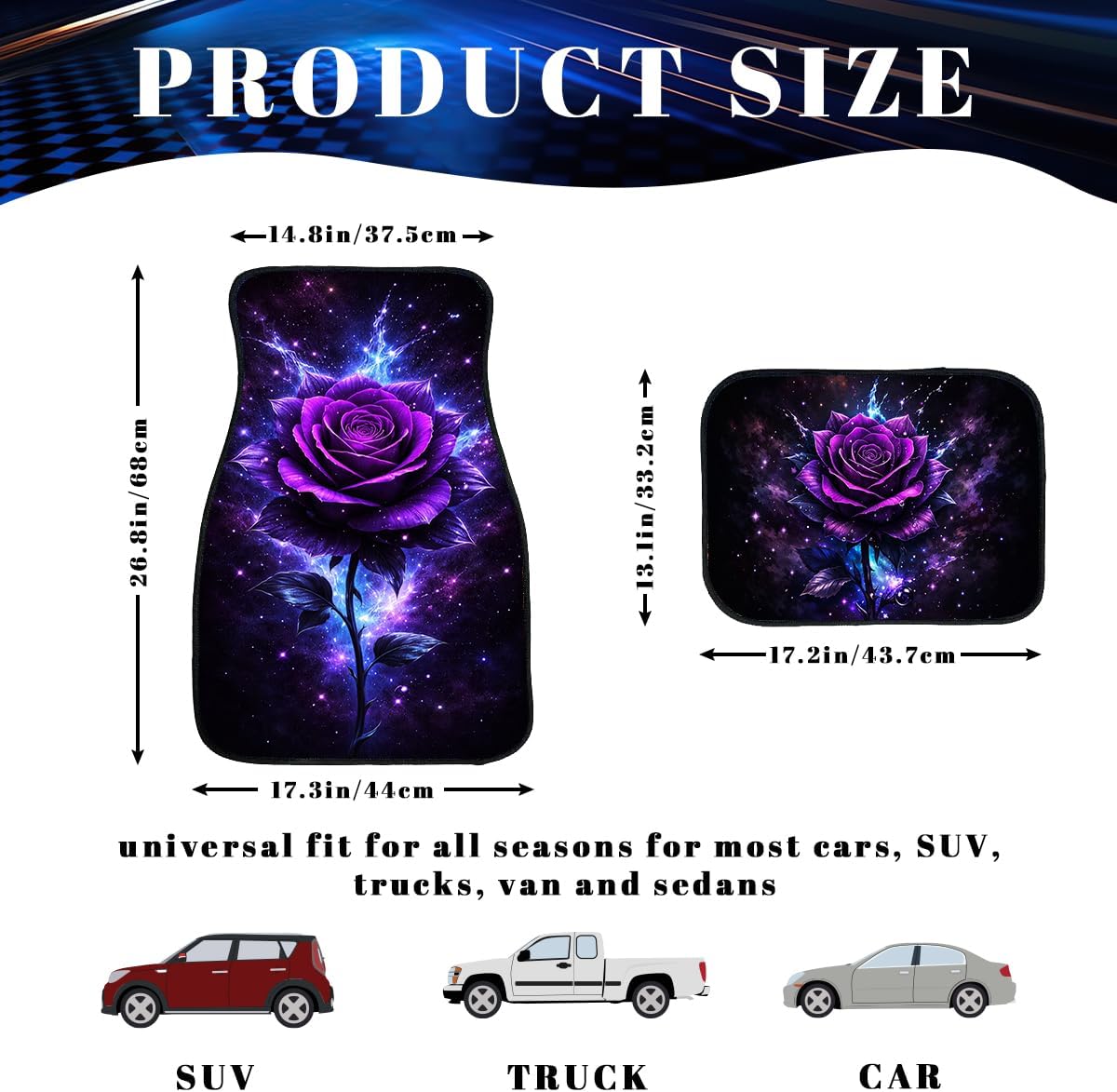 Rose Car Floor Mats Set of 4 Purple Galaxy Cosmic Flower Automotive Foot Mats Rugs Carpet for Car Non-Slip Auto Car Accessories Universal Fit Car Accessories for Truck