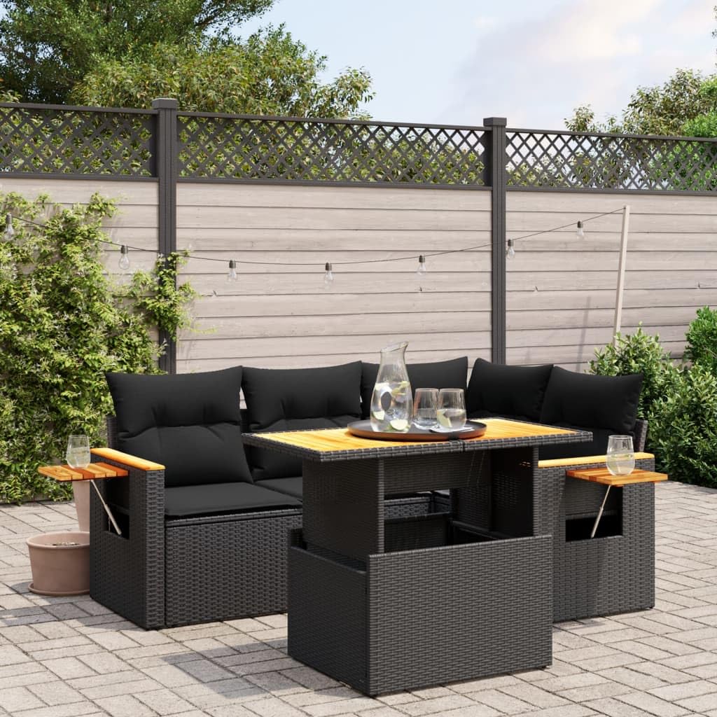 vidaXL Salon de Jardin avec Coussins 5 pcs, Canapés de Terrasse, Ensemble de Meubles de Patio, Mobilier d'Extérieur, Noir Résine Tressée