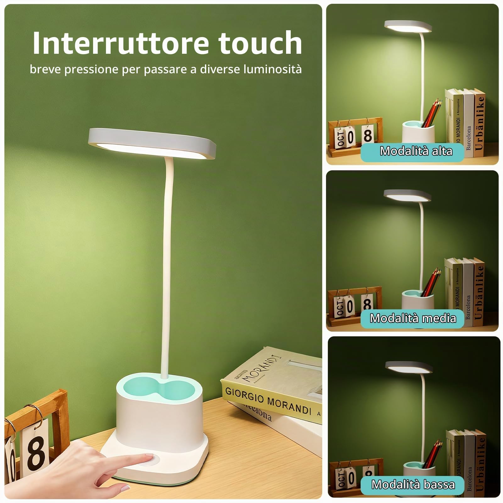 Lampada da Scrivania Ricaricabile 2400mAh, 3 Livelli Luminosità | Collo Flessibile 360°, Portapenne e Luce Notturna, Lampada da Tavolo Senza Fili per Camera da Letto, Studio, Bambini, Bianca