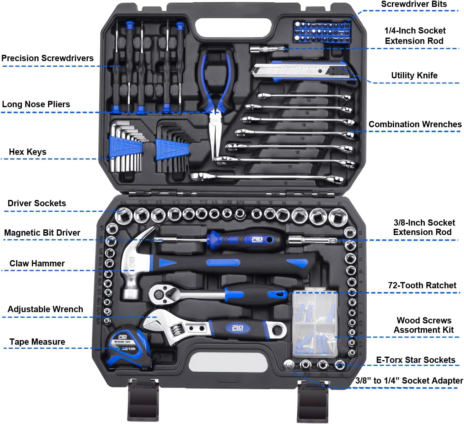 Prostormer 148-Piece Hand Tool Set, General Home and Auto Repair Tool Kit with Toolbox Storage Case for Mechanical Repair, DIY, Home Maintenance