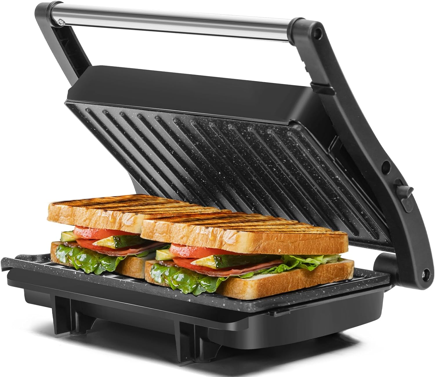 Aigostar Panini Press, Sandwich Maker Grill 1200W with Ceramic Non-stick Plates, Opens 180 Degrees for Any Size Food, Stainless Steel Surface & Removable Drip Tray, Silver