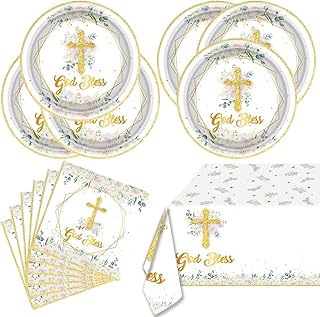 God Bless Tableware Set, First Holy Communion Theme 20 Plates,20 Napkins And Tablecloth, For Newborn Baptism Church Cross Golden Floral Party Decoration