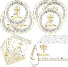 God Bless Tableware Set, First Holy Communion Theme 20 Plates,20 Napkins And Tablecloth, For Newborn Baptism Church Cross Golden Floral Party Decoration