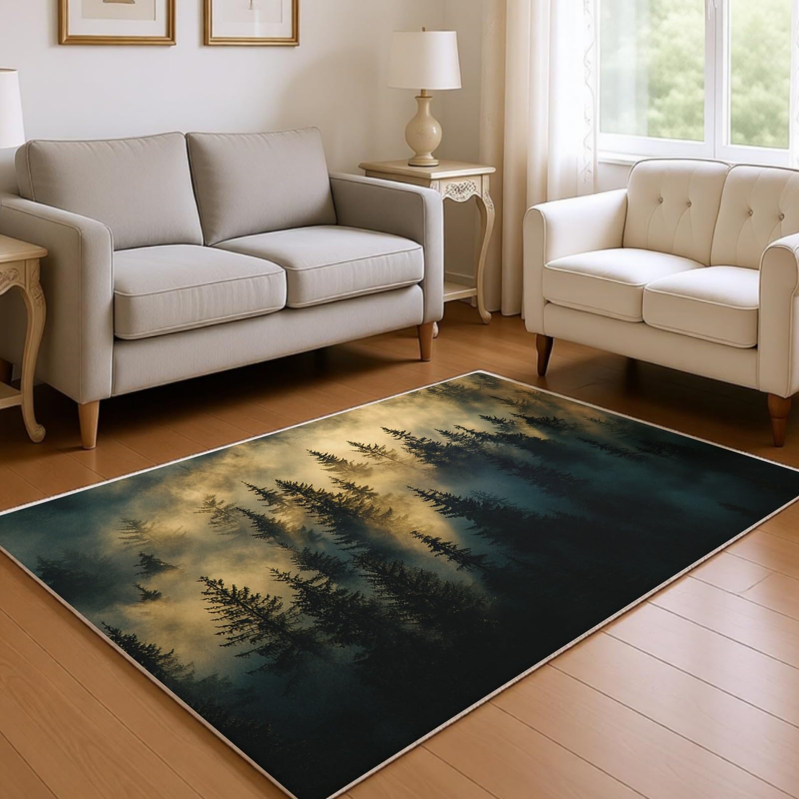 Alfombra Sala de Estar 140 x 200 cm Bosque brumoso Pelo Corto Suave y Antideslizante Verde Alfombra Dormitorio y Cocina