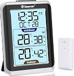 GEEVON Indoor Outdoor Thermometer Wireless Digital Hygrometer Temperature Gauge with Time，200ft/60m Range Temperature Humidity Sensor