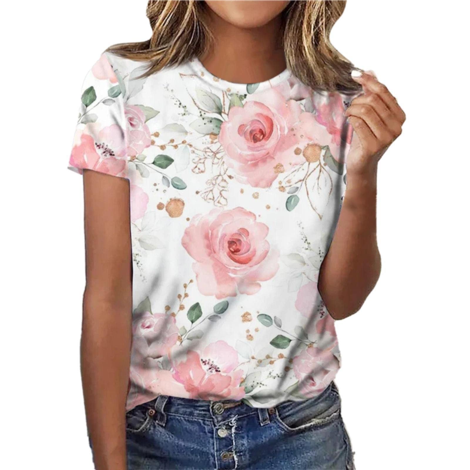 Women's Tunic Tops for Casual Flower Print Short Sleeve Crewneck T Shirt, Lightweight Tee, Tank Tops, Loose Fit, Round Neck, Plus Size, Long Length, Polyester, Spandex