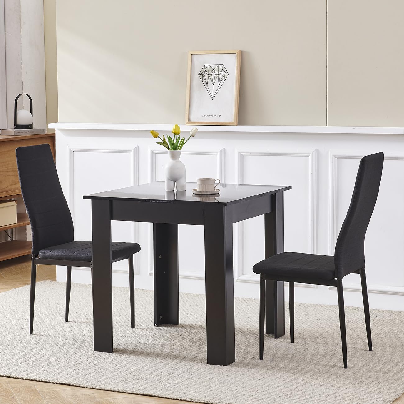 Pantanal Square Dining Room Set for 2, 75cm Black Dining Table with Black  Fabric Dining Chairs, 3-Piece Kitchen Table Set Dinette Set for Small