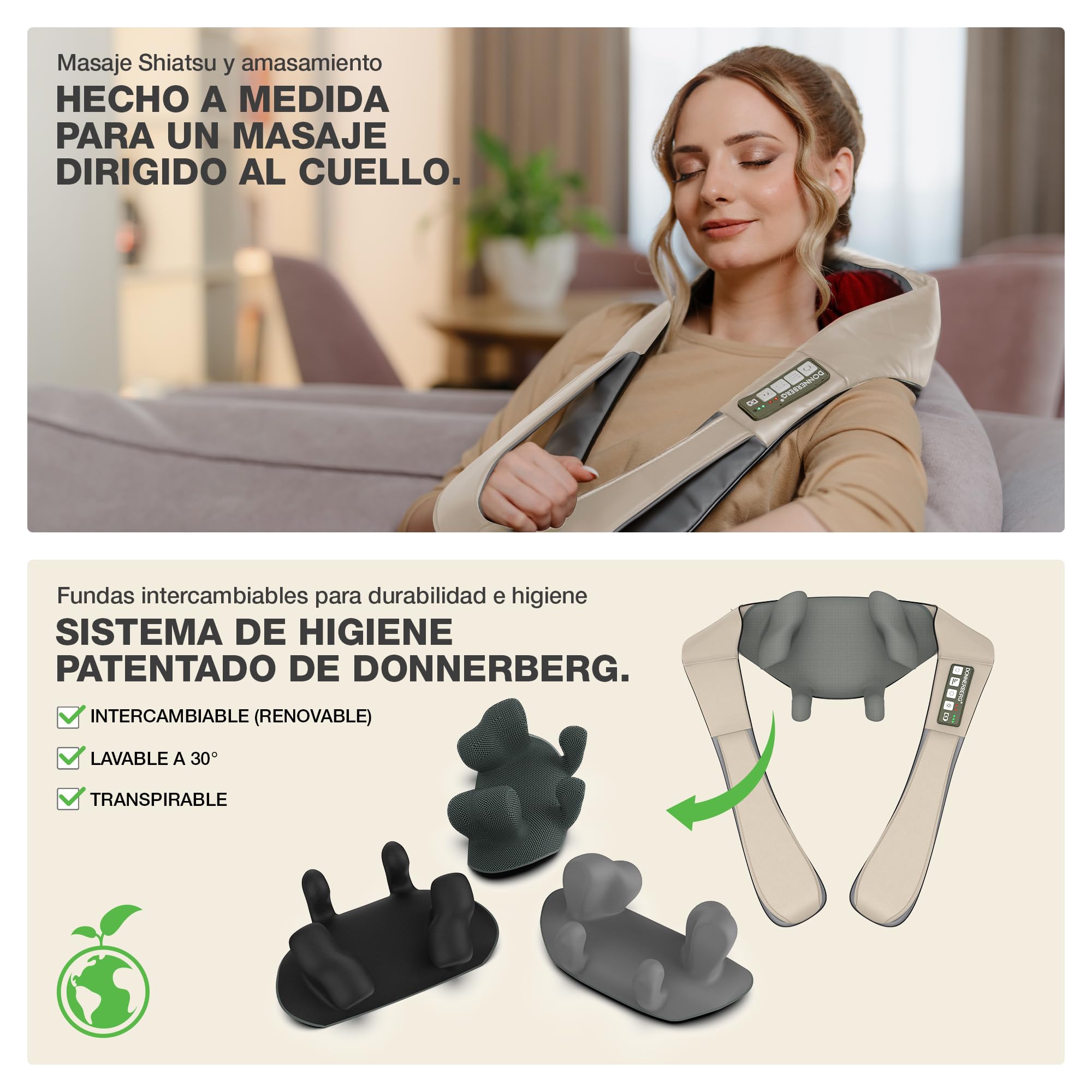 DONNERBERG® Proneck Masajeador De Cuello Shiatsu Inalámbrico Con Calor | Masaje Intenso Para Cuello, Hombros Y Trapecios, Calor Infrarrojo, Certificado TÜV, 7 Años De Garantía Del Motor, Beige