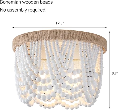 Vista 29 de AZMASA - Lámpara de techo con cuentas de madera, estilo bohemio, de montaje empotrado, cuerda de cáñamo, 3 luces para guardería, dormitorio