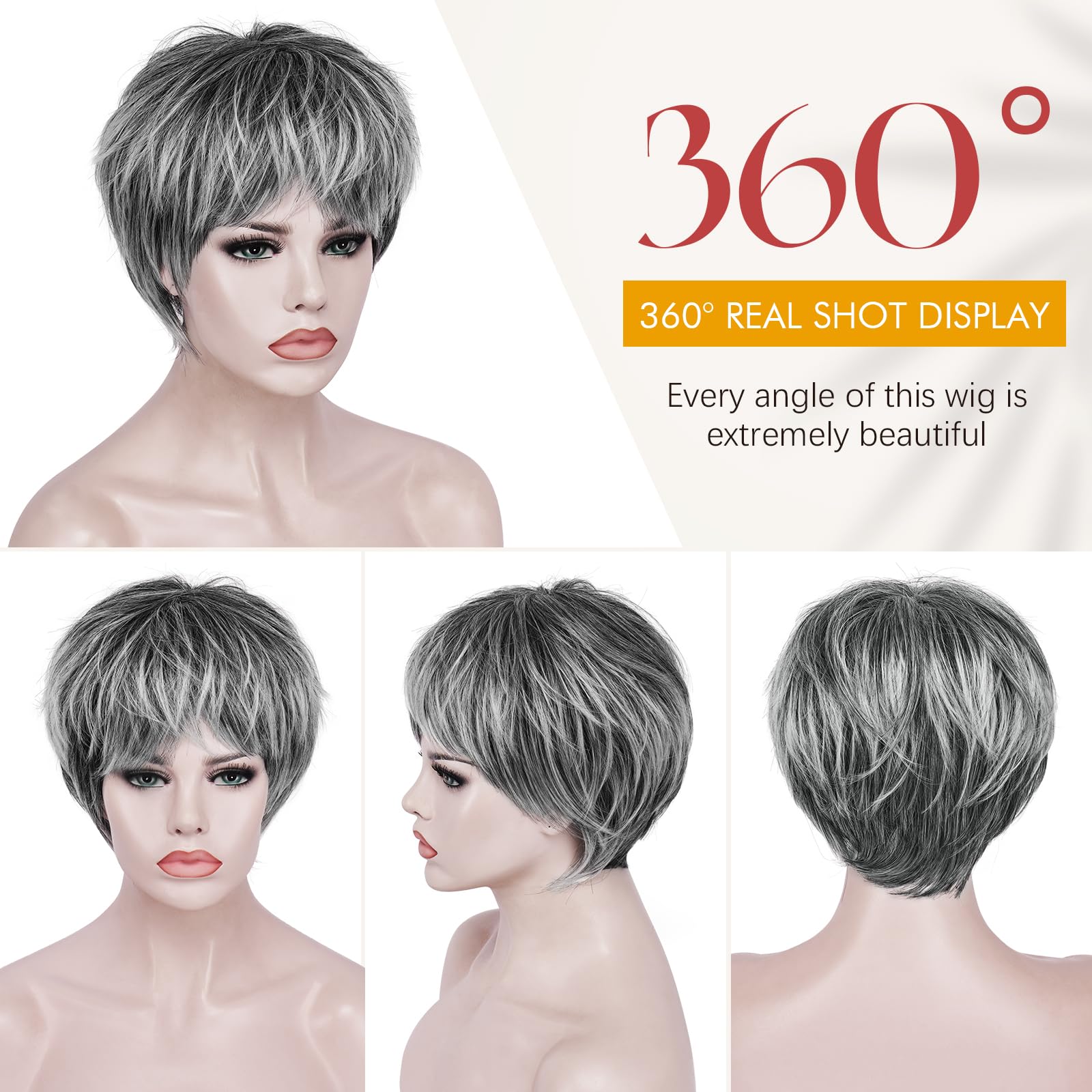 Sofeiyan Kurze Pixie-Cut-Perücke,Hitzebeständige und Natürlich Damen Perücken mit Pony,23 cm Grau Mehrschichtige Kunsthaarperücke,Geeignet für den Alltag und Partys