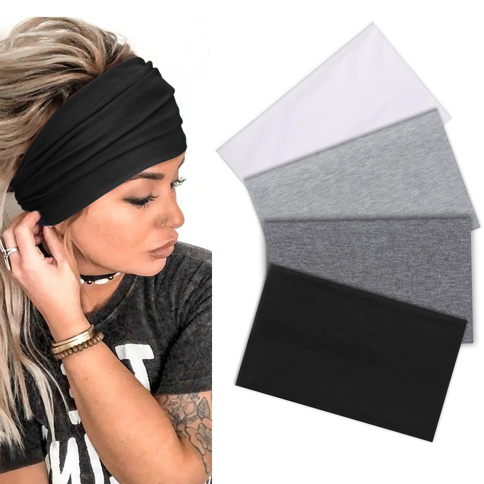 DRESHOW Wide Turban Headbands for Women Non-Slip Soft Elastic Hair Bands Workout Yoga Running Daily Wear Head Band Girls Accessories 4 Pack