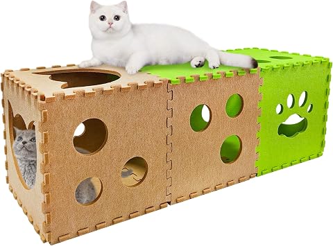 Felt Cat Tunnel 14 Pcs Foldable Cat Hideaway Cave with Interactive Peek Hole DIY Cats House Kitten Play Tubes and Tunnels for Indoor Cats Up to 12lb