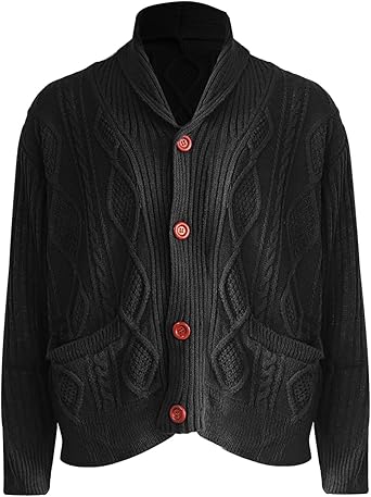 Heren vest kabel gebreide trui gebreide sjaal kraag gebreid vest trui dikke warme gebreide jas effen kleur knopen trui jas herfst winter thermische casual bovenkleding met zak, Zwart, L