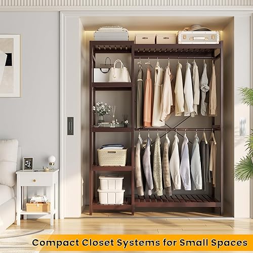 Miniatura 3 de Homykic Perchero de bambú para colgar ropa, perchero resistente con 7 estantes ajustables de niveles, varillas dobles, 4 ganchos, organizador de