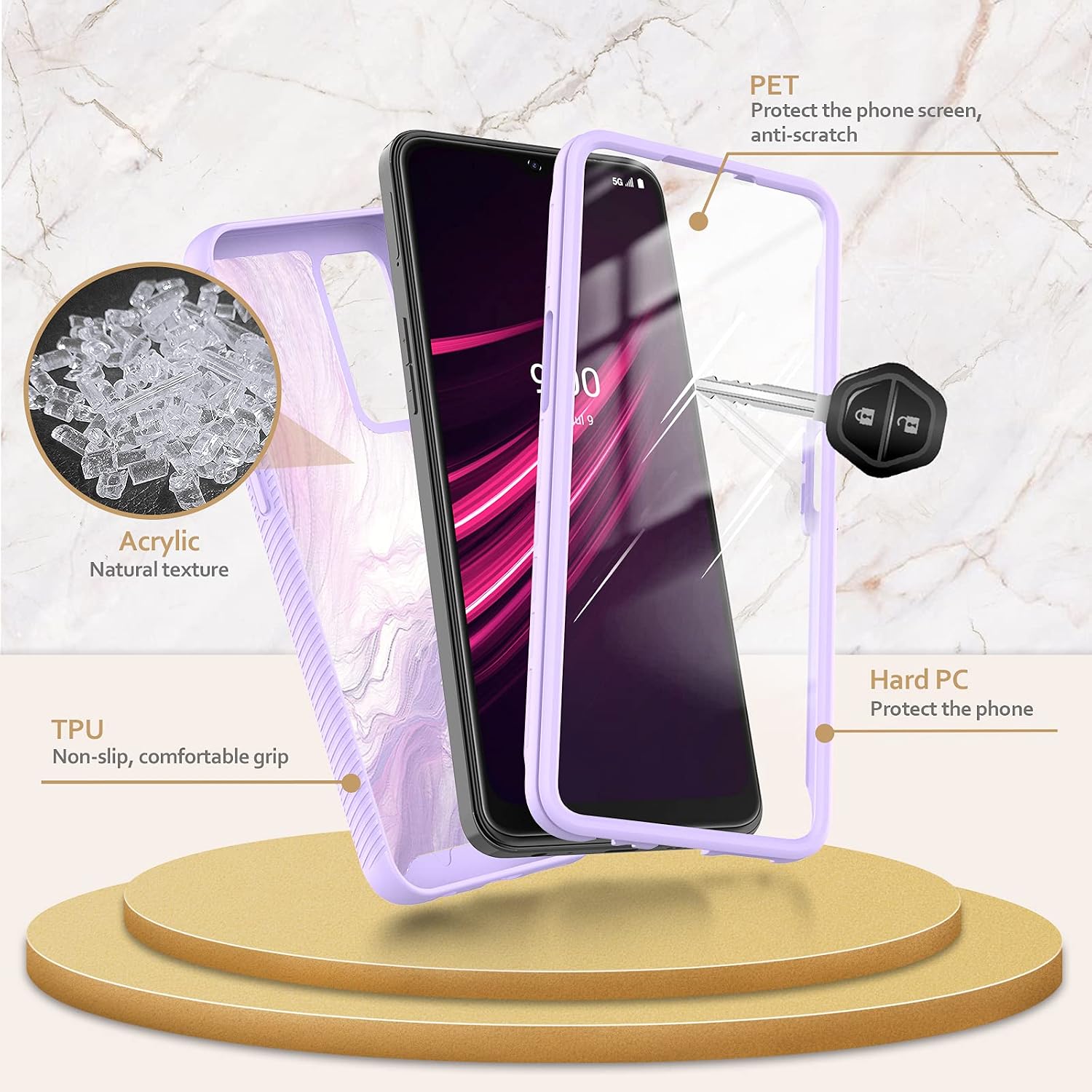 UNPEY for T-Mobile Revvl V Plus 5G Case with Built-in Screen Protector, Marble Design Full Body Protection Phone Case for T-Mobile Revvl V + 5G [Hard PC Bumper + Soft TPU]-Marble Purple