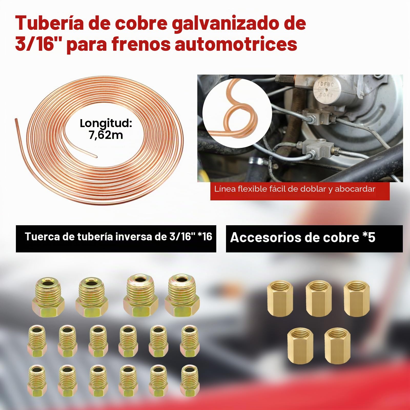 RUIZHI Herramienta de abocardado de tubería de freno para abocardados SAE, 7,62m Ø4,75mm Juego de herramienta de abocardado de tubería de freno con 16 conexiones+5 conectores +llave de carraca de 17mm