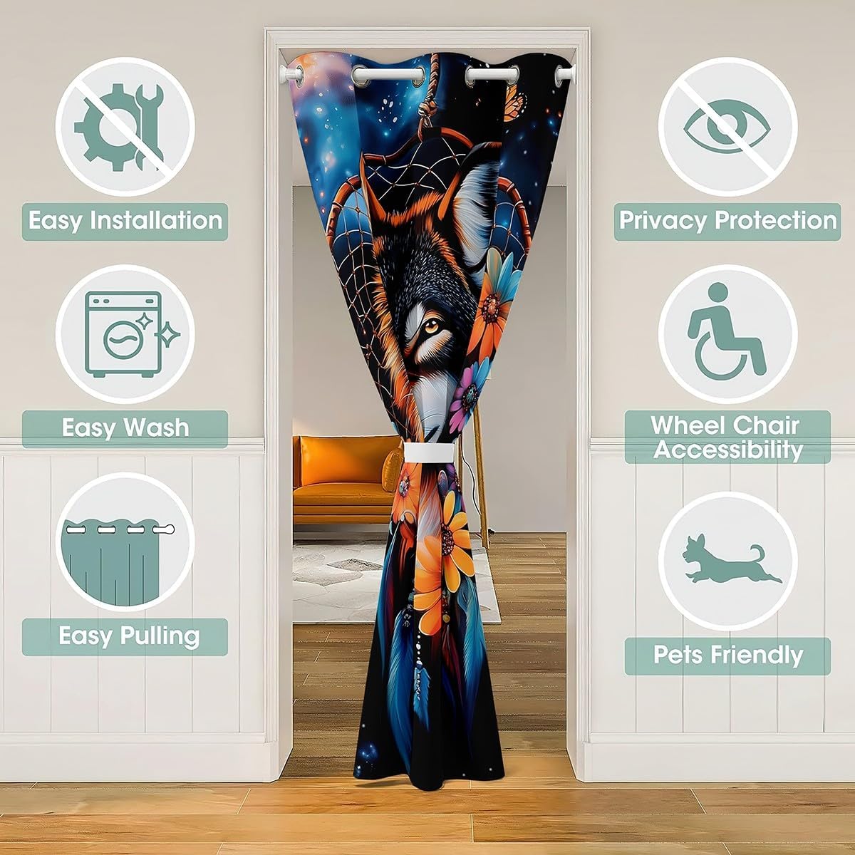 Wild Wolf Door Curtain for Boys Girls Boho Feather Dream Catcher Doorway Curtain 42" W x 80" L Rustic Daisy Flower Blackout Curtain Dreamy Starry Curtain Tapestry for Hallway