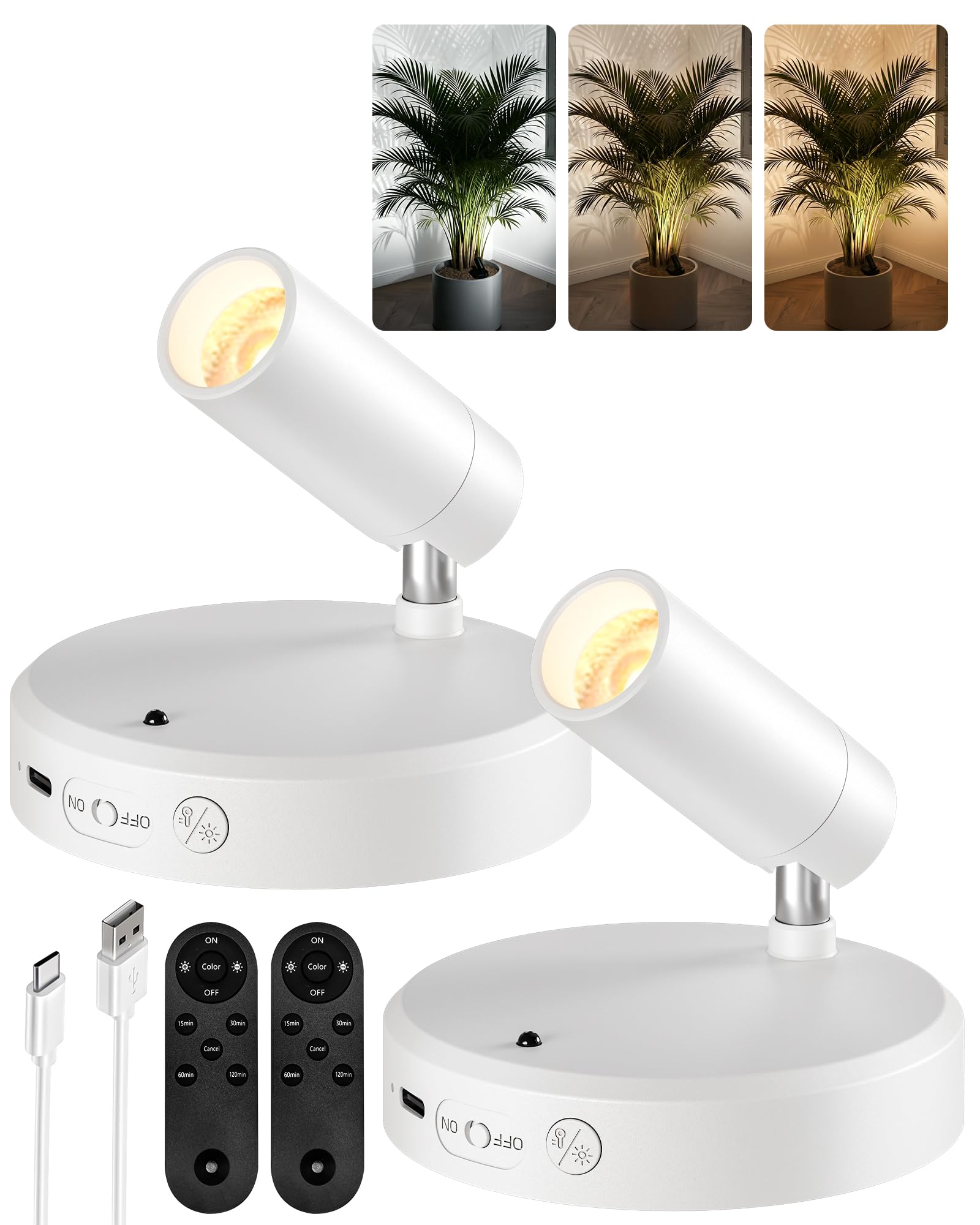 EZVALO Wireless LED Spotlights Indoor, 5500mAh Rechargeable Battery Powered Plants Spotlights Indoor, Dimmable & Timer, 3 CCT Small Up Lights with Remote, Accent Uplighting for Artwork,Tree (2, White)