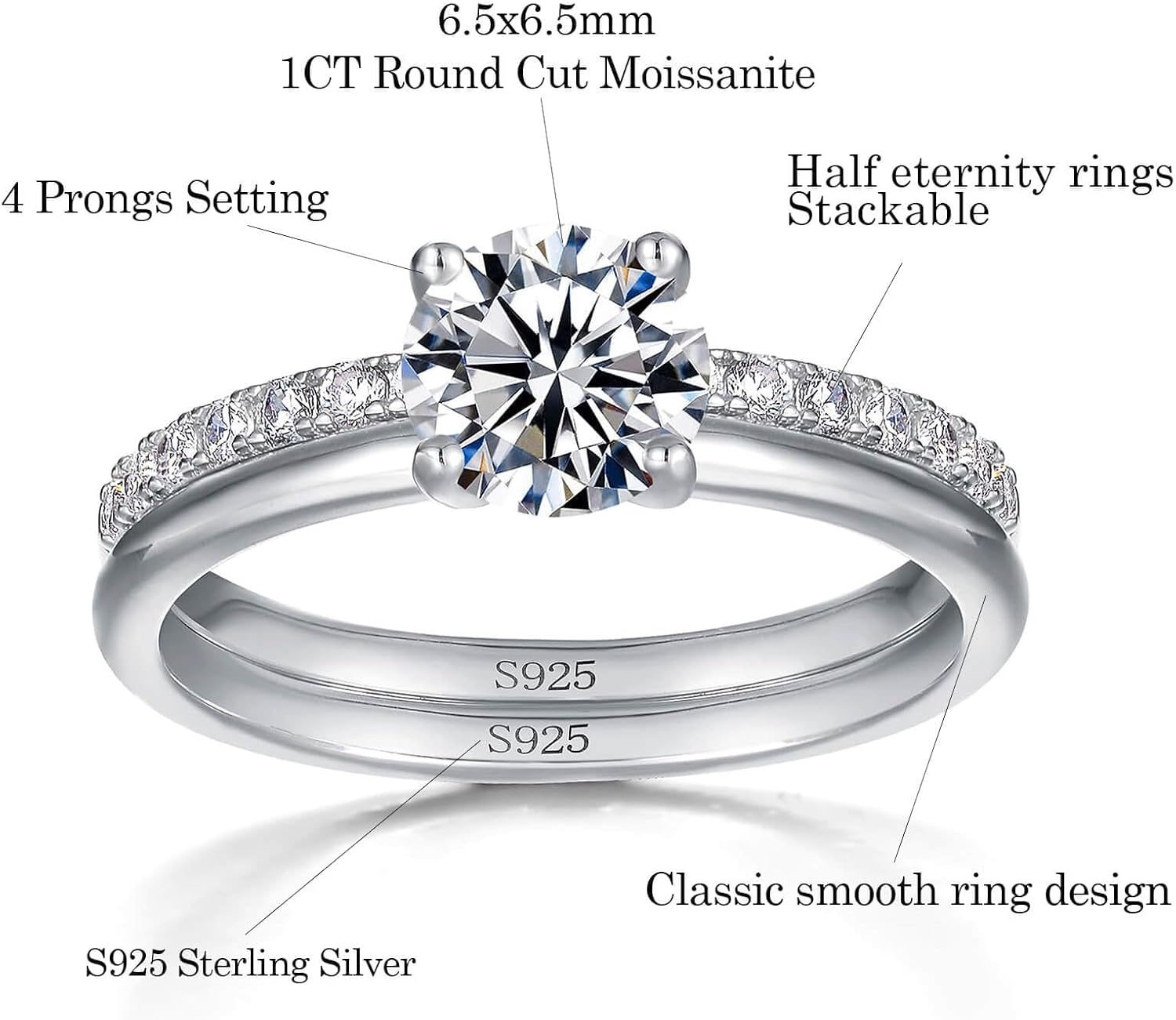 WES 1CT Moissanite Bridal Ring Set - 925 Sterling Silver D Color VVS1 Classic Solitaire Round Cut Stackable Moissanite Engagement Rings Wedding Rings for Women, Size 4-11 - Image 2