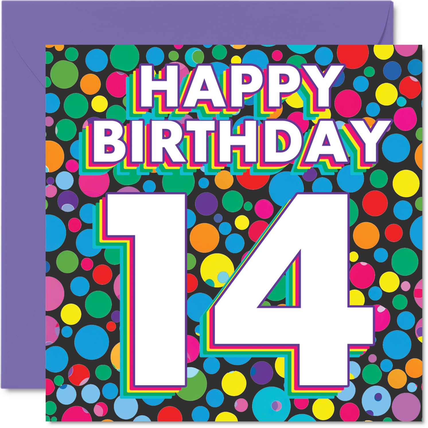 14th Birthday Cards for Boys Girls - Funky Rainbow Dots - Happy Birthday Card for 14 Year Old Boy Girl Son Nephew Grandson Cousin, 145mm Bday Greeting Cards