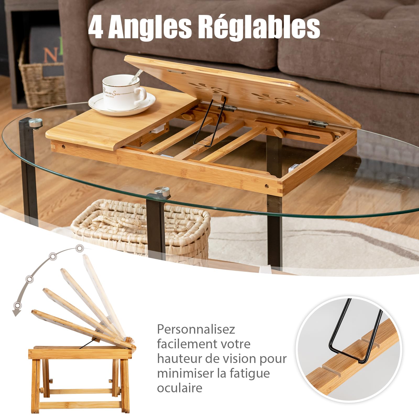 COSTWAY Table de Lit Pliable 53 x 33 cm, Plateau de Lit en Bambou avec Pieds Réglables et Plateau Inclinable, Support d'Ordinateur Portable avec Tiroir et Trous d'Aération (Naturel)