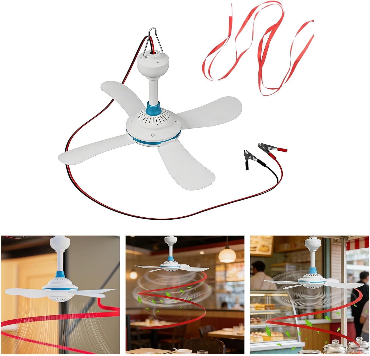 DC12V Hanging Fan with Red Rope Fly Perfect for Outdoor Camping and Market Stalls Cooling Fan