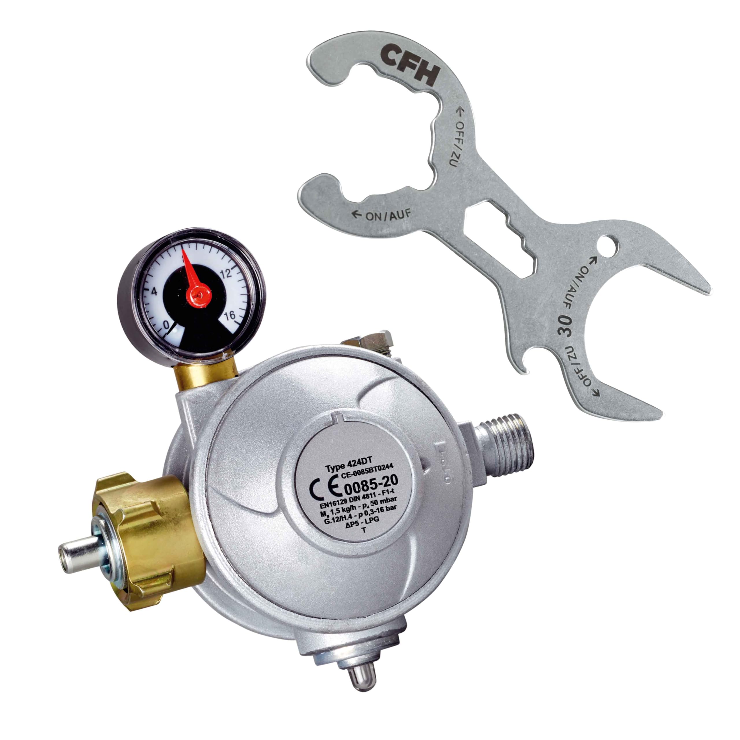 CFH Professionelles Gasdruckregler 50 mbar Set (52414 + 52419) - Druckminderer Gasflasche zweistufig mit Manometer & Gasflaschenschlüssel, Eingang G.12 und Ausgang H.4 1/4" gemäß EN 16129